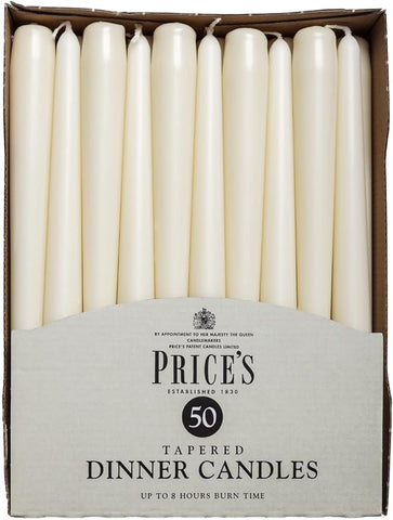 Price's Candles Tapered Dinner Candles Ivory Unscented Wax Pack of 50 | 7 Hour Burn Time Elegant Long Candles for Home Decor, Events, Celebrations & Dining