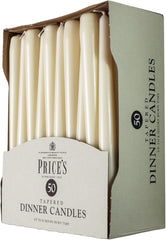 Price's Candles Tapered Dinner Candles Ivory Unscented Wax Pack of 50 | 7 Hour Burn Time Elegant Long Candles for Home Decor, Events, Celebrations & Dining