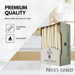 Price's Candles Tapered Dinner Candles Ivory Unscented Wax Pack of 50 | 7 Hour Burn Time Elegant Long Candles for Home Decor, Events, Celebrations & Dining