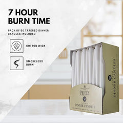 Price's Candles Tapered Dinner Candles Ivory Unscented Wax Pack of 50 | 7 Hour Burn Time Elegant Long Candles for Home Decor, Events, Celebrations & Dining