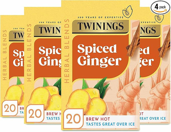 Twinings Ginger FlavouredTea - 80 Biodegradable Tea Bags (Multipack of 4 x 20 Bags) , Warming Herbal Blend, Caffeine-Free, Multipack for Convenience and Freshness