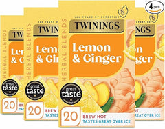 Twinings Lemon and Ginger Flavoured Tea - 80 Biodegradable Bags (Multipack of 4 x 20), Caffeine-Free Herbal Tea with Zesty Lemon & Spicy Ginger Flavor, Refreshing & Soothing Beverage