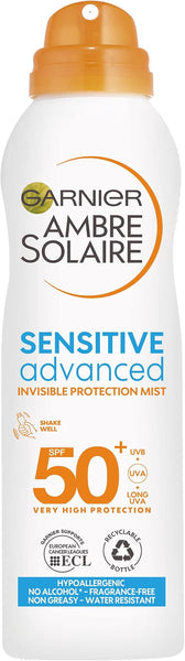 Garnier Ambre Solaire Sensitive Hypoallergenic Dry Mist Sun Cream Spray SPF50+, Non Greasy High Sun Protection SPF50+, Easy To Use Mist Spray, 200ml