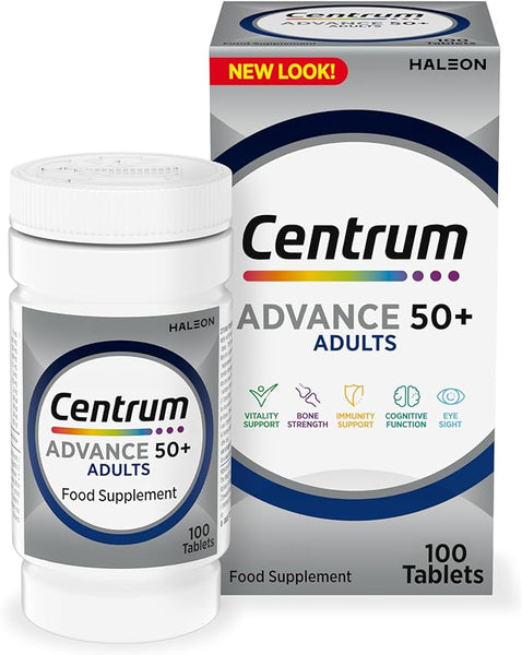 Centrum Advance 50+ Multivitamin Tablets for Men and Women, Vitamins with 24 Essential Nutrients, including Vitamin C, D, and Zinc, 100 ct (Packaging and Tablet colour may vary slightly)